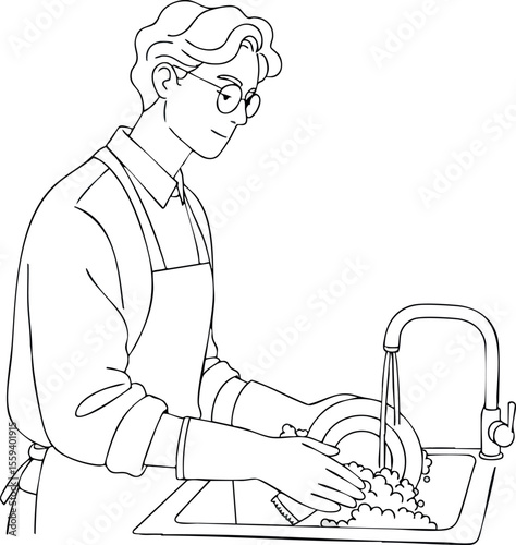 Man washing dishes by sink in apron with glasses vector line art illustration 