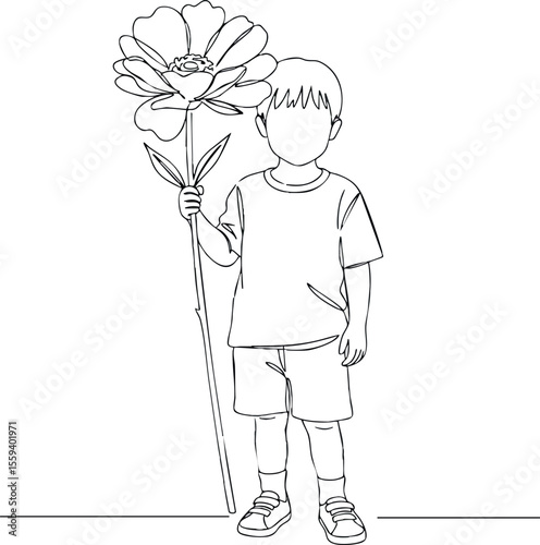 Boy holding large flower vector illustration simple line art style children nature joy 