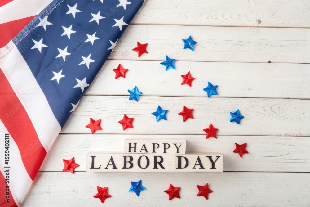 Obraz premium American flag and red blue stars with Happy Labor Day text on white wooden surface
