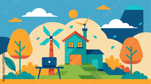 The sound of birds chirping and the gentle movement of the windmill creating a peaceful ambiance for workfromhome tasks.. Vector illustration
