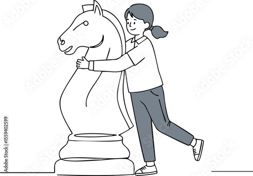 Girl hugging large chess knight piece playful strategic game concept vector illustration 