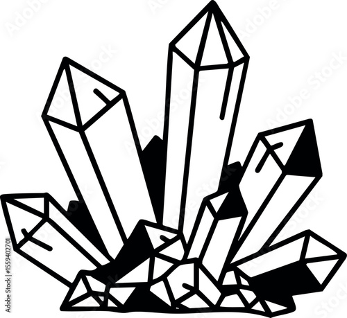 Crystal cluster illustration with clear pointed quartz crystals in black and white vector design 