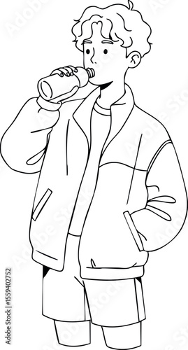 Boy wearing jacket and shorts drinking from bottle simple line art vector illustration 