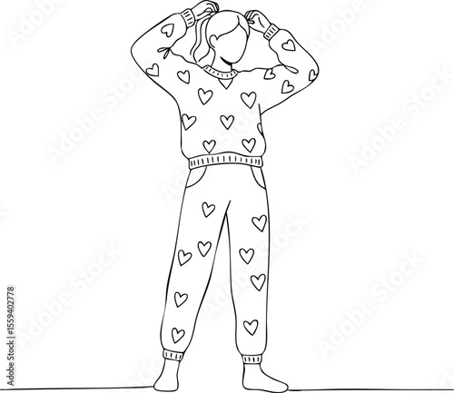 Woman in heart patterned sweater and pants stretching arms upwards vector illustration 