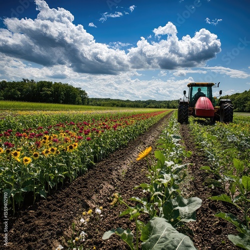 Low-carbon agriculture practices showing organic crop rotation, minimal fossil fuel use, efficient irrigation, eco-seeds, sustainable composting, low-emission field operations photo