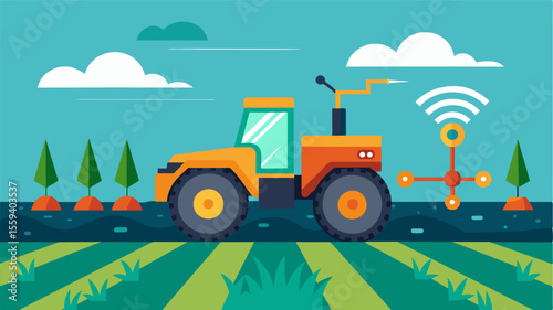 A robotic tractor plows a field adjusting its speed and depth based on realtime data collected by sensors in the soil.. Vector illustration