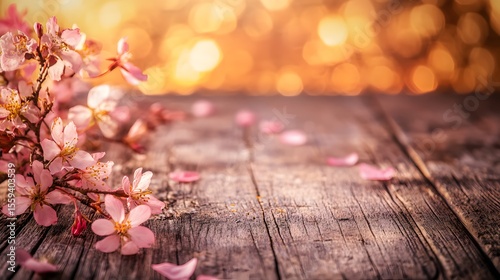 Pink Cherry Blossoms on Rustic Wooden Table Spring Background
