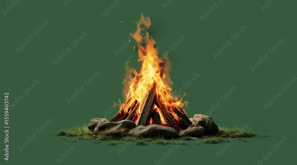 A campfire burns with bright flames. Logs and stones surround the fire on green ground.