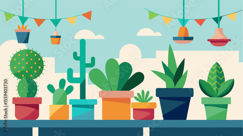 The terrace was tered with succulents and cacti in colorful pots adding a touch of nature to the nomads workspace.. Vector illustration