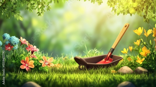 Gardening Tools in Spring Garden
