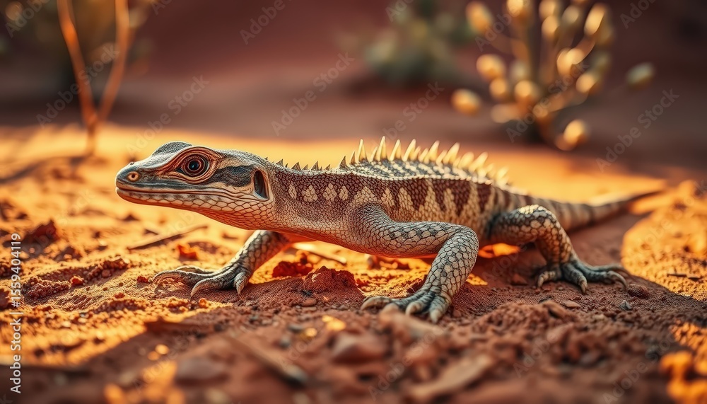 Naklejka premium a thorny devil lizard walking on red desert sand