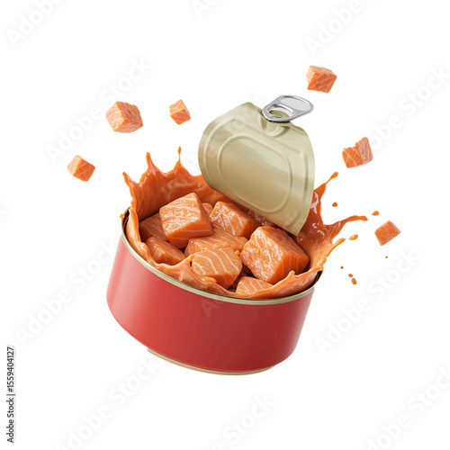 red can of salmon chunks flying food delicious isolated on white background
