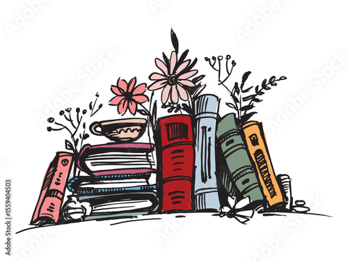 Books and coffee on the shelf. Book lover