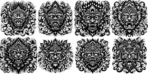set of eight bold black and white tattoo of a Reog mask with fierce face and ornate feather crown