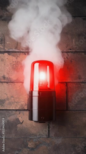 Realistic 3D depiction of a fire alarm’s strobe light installed on a brick wall, flashing vivid red pulses while simulated smoke drifts upward in slow motion.