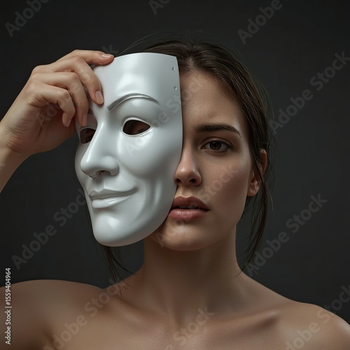 A young woman holds a smiling mask to half her face, revealing a more somber expression on the other half.  A poignant image exploring duality and hidden emotions.