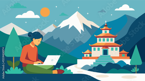 The crisp mountain air and peaceful atmosphere of a remote monastery makes for an ideal setting for a digital nomad to work and reflect.. Vector illustration