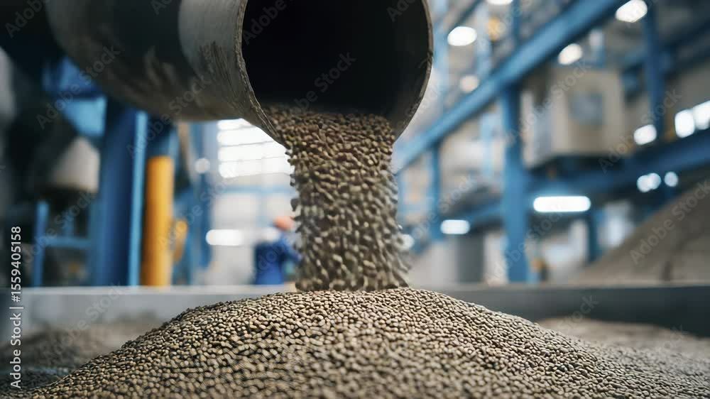 Industrial Machinery Pouring Pellets in Factory Setting with Metal Pipeline and Gravel Ground