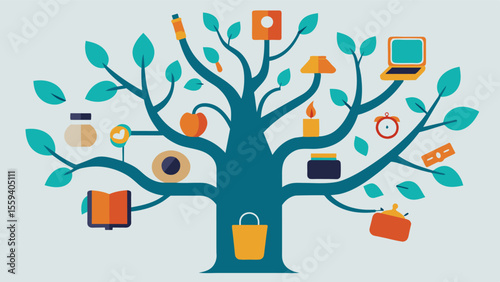 A tree with branches bearing different objects and items symbolizing the diverse and unique memories that can be found in a personalized reminiscence kit.. Vector illustration
