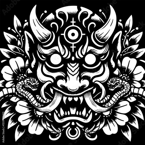 Black and white Oni mask with coiling snake and bold floral tattoo design