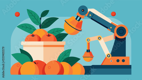 A robotic arm delicately places harvested peaches into bins for transportation reducing labor and increasing efficiency in orchards.. Vector illustration