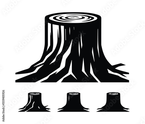 Old Tree Trunk Stump Vector, Natural Woodcut Design Isolated.