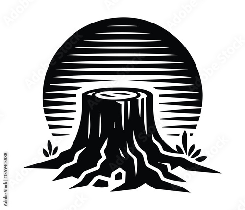 Chopped Tree Stump Vector, Rustic Wood Trunk Silhouette Design.