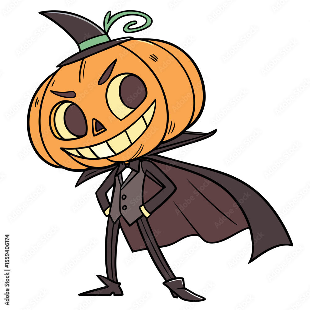 Obraz premium Cute Pumpkin Head Halloween Character in Witch Costume Spooky Forest Scene Vector for Kids Party, T-Shirt, Poster & Print Design