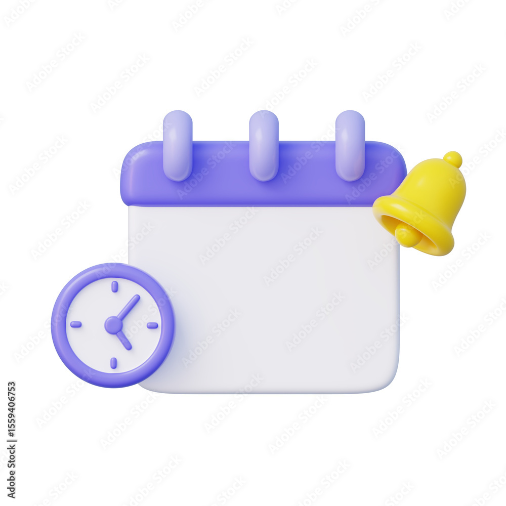 Fototapeta premium Calendar clock and bell icon set in a 3d render