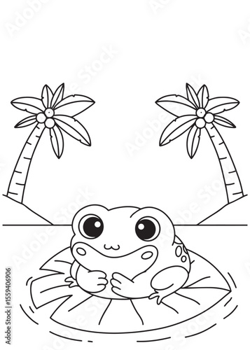 Coloring book frog resting on beach in float.
