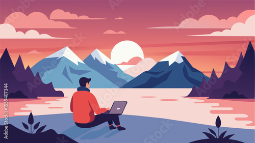 The sun sets behind the snowy peaks casting a warm pink glow over the frozen lake as the digital nomad types away on their laptop chasing the last bit of daylight to finish their. Vector illustration