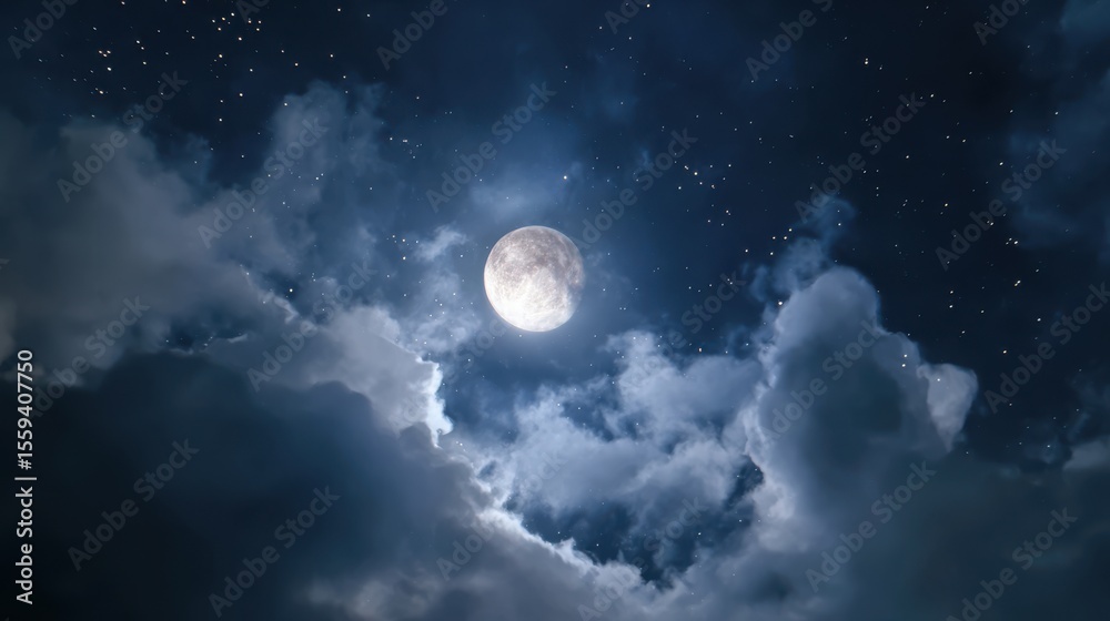 Fototapeta premium Dramatic Full Moon Shines Above Fluffy Clouds in Starry Night Sky View