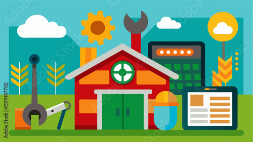 A smart farm workshop equipped with automated tools and large databases of equipment manuals and diagnostic codes allowing for quick and efficient maintenance and repairs.. Vector illustration