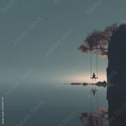 Solitary Serenity Person on Swing by Lakeside Cliff at Dusk Reflective Tranquil Scene Atmospheric Calmness Minimalist Silhouette Dreamy Landscape