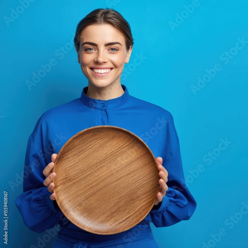 Smiling Woman in Blue Dress Holding Round Wooden Plate Against Vibrant Blue Background Front View