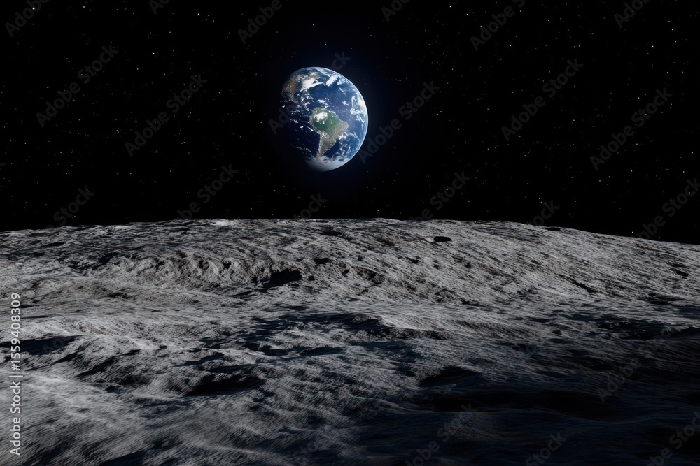 Obraz premium Earthrise View from Lunar Surface Showing Craters and a Starry Sky Background