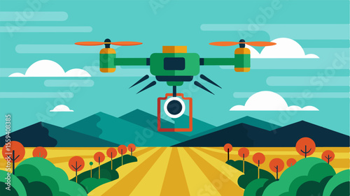 An aerial drone equipped with sensors scanning and mapping the farm to create irrigation zones for different crops optimizing water distribution.. Vector illustration