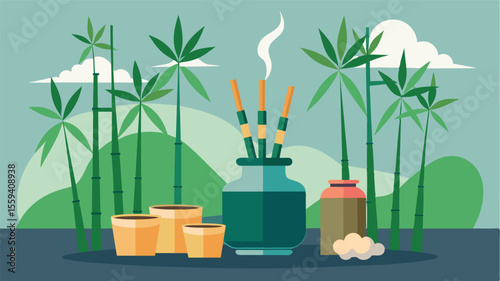 The scent of fresh bamboo wafts through the air lulling remote workers into a state of relaxation and productivity.. Vector illustration