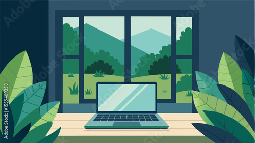 Propped on a windowsill overlooking a lush garden a laptop provides a modern twist to the quiet contemplation of the monastery.. Vector illustration
