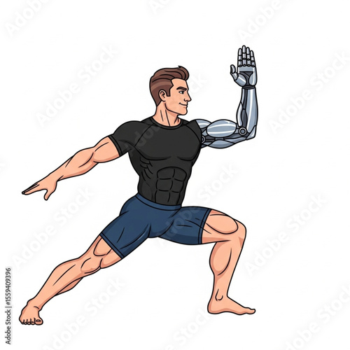 Confident man with prosthetic arm doing Warrior II yoga pose, white background, flat vector illustration


