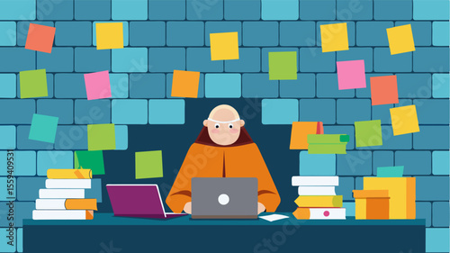 The stone walls of the monastery are unexpectedly adorned with colorful PostIt notes a cheerful contrast to the laptop sitting at the center of a busy monks desk.. Vector illustration