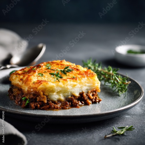Hearty shepherd's pie classic comfort food displayed with fresh thyme on elegant gray plate in artistic style