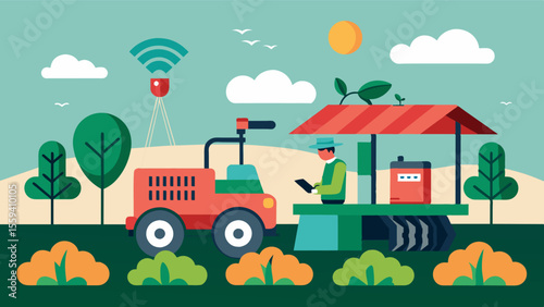 Automated machinery is remotely controlled by farmers allowing for precise seeding and planting of crops reducing waste and maximizing yield.. Vector illustration
