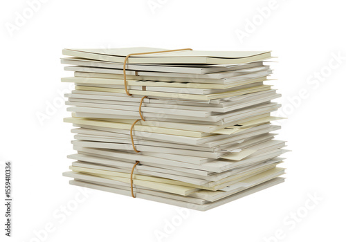 A neatly organized stack of documents bound together with a rubber band, isolated on transparent background