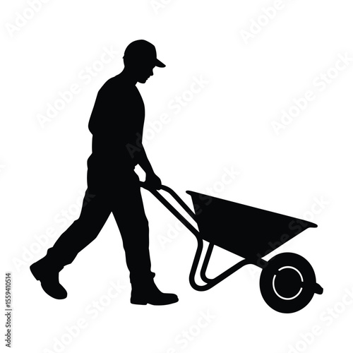 Worker Pushing Wheelbarrow Silhouette: Construction Laborer Black Illustration
