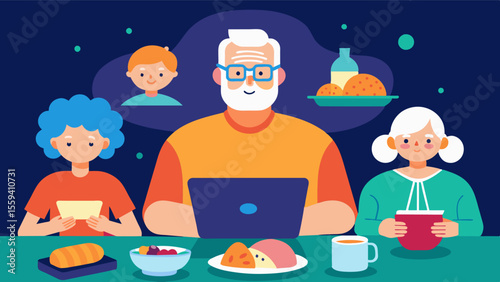 An older adult living alone but finding joy and companionship in virtual meal times with their children and grandchildren. These virtual connections help prevent social isolation. Vector illustration