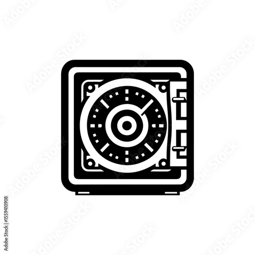 A black and white illustration of a secure, metallic safe with a combination dial.