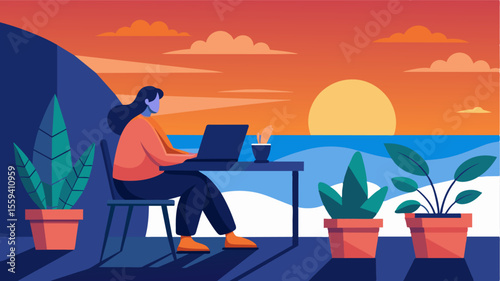 The sun sets over the horizon as a remote worker wraps up their day on a rooftop terrace surrounded by potted plants and a stunning ocean view.. Vector illustration