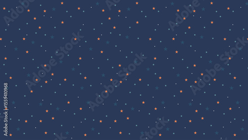 Seamless navy starry vector background with orange and white twinkling stars, ideal for night sky, cosmic, celestial, holiday, nursery, textile, wallpaper and greeting card designs.
