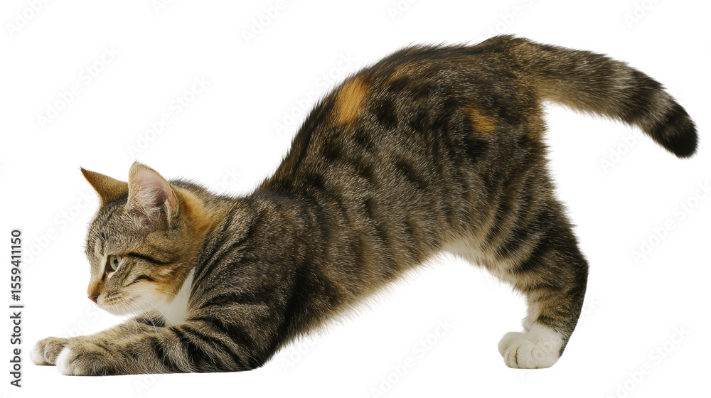 Fototapeta premium A playful cat stretching on a white isolated background.